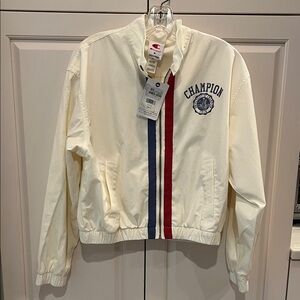 Champion Cream Bomber Jacket with Red & Navy Center Stripes Small